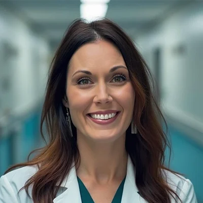 Nicole Schroeder smiling while standing in a hallway.